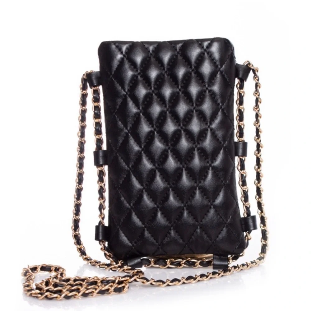 Black Quilted Faux Leather Fashion Crossbody Cell Phone with Gold Chain